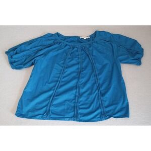 Loft Top Womens Sz M Teal Embroidered Lace Trim Keyhole Pullover Short‎ Sleeves